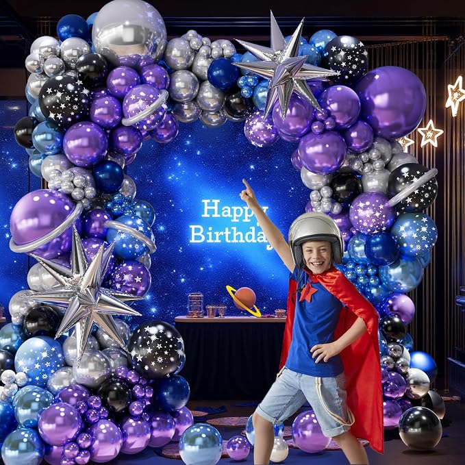 Galaxy Balloons Arch Kit – Outer Space Party Decorations with Metallic Blue, Purple, Silver, Navy & Star Balloons for Galaxy Theme Birthday, Baby Shower, Graduation, Prom Decorations