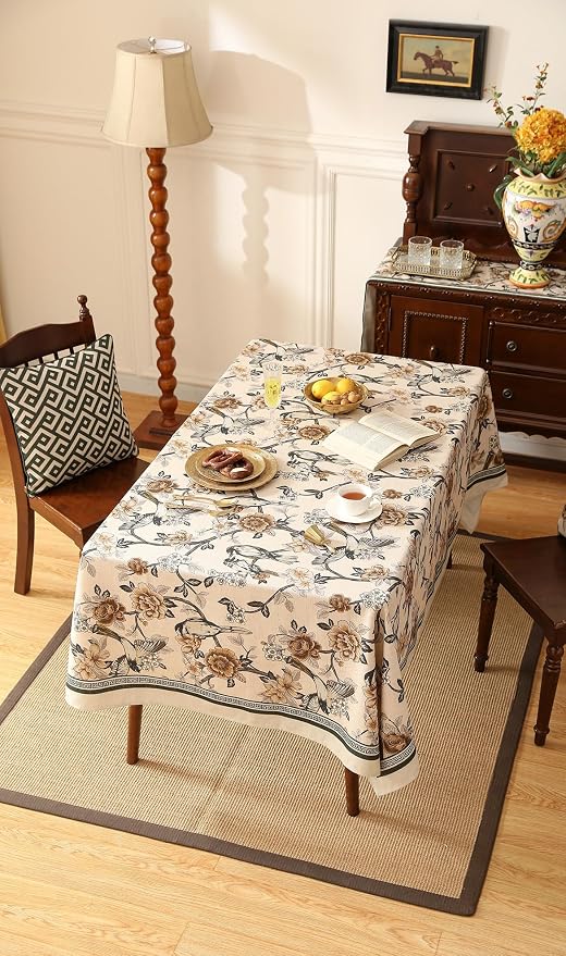 ISAENNE Designer Vintage Linen Tablecloth Rectangular,79"x55"-Murad A | French Elegant Table Cloth for Rectangle Table,Floral and Bird Pattern for Dining Kitchen Tea Party Thanksgiving,Decor