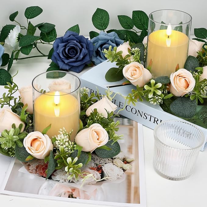 Artificial Flowers Candle Rings, 2 Sets Roses Rings Wreaths with LED Flameless Candles Artificial Eucalyptus Leaves for for Tables Chairs Valentine's Day Wedding Banquet Decor - Champagne