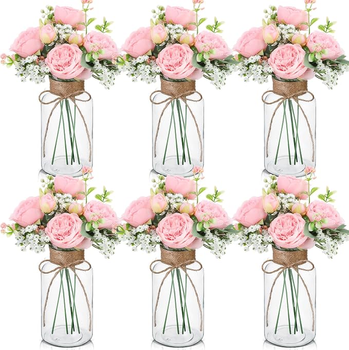 Zeyune 6 Sets Mason Jar Table Centerpiece with Artificial Peony Baby's Breath Flower Centerpieces Faux Flowers with Rope for Wedding Reception Engagement Bridal Shower Rustic Table Decor(Light Pink)