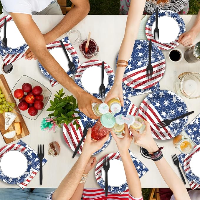 50 Guests 4th of July Paper Plates Napkins Forks American Flag Tableware Set Patriotic Birthday Party Supplies Independence Day Dinnerware Favors 250th Anniversary Party Decorations, 200PCS
