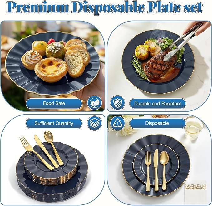 Glowserve 175 Piece Disposable Plastic Plates Dinnerware Set for 25 Guests | 50 Plastic Plates,25 Silverware Set,25 Cups and Napkins,Party Wedding Birthday,Family Gathering,Fancy Plastic Plates