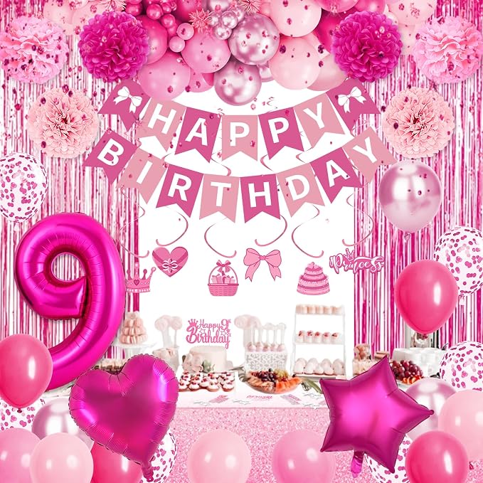 9th Birthday Decorations for Girls, Pink Party Decorations with Number 9 Balloon Happy Birthday Banner Bday Sash Crown Tablecloth Fringe Curtain Hanging Swirl for 9 Balloons for Bday Girl