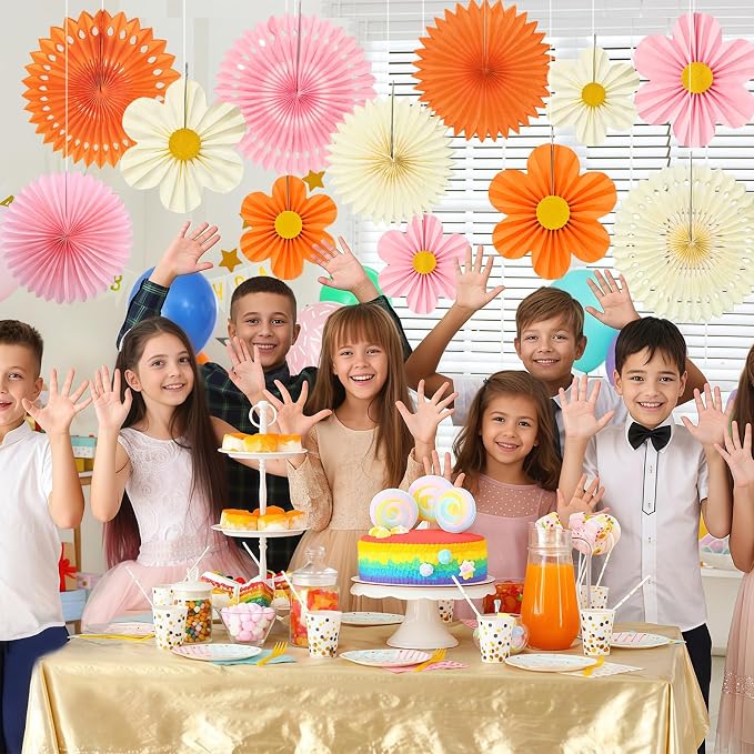 Orange Pink Cream Party Decorations, 12PCS Paper Fans Flowers Wall Backdrop for Little Cutie 1st Birthday, Boho Sunset Baby Shower, Groovy Daisy Wedding & Nursery Decor