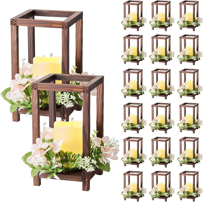 VEVOR 20 Set/60 Pcs Wooden Wedding Lantern Centerpiece, Includes 20 Wooden Lantern Candle Holder 20 Flameless LED Candle 20 Champagne Flower Wreath for Wedding Table Party Farmhouse Decor, Brown