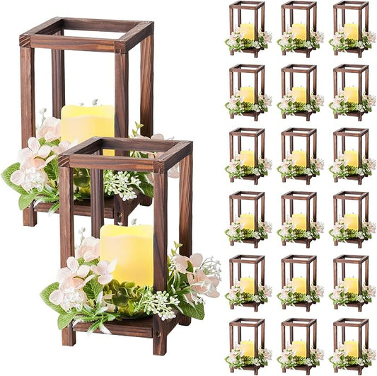 VEVOR 20 Set/60 Pcs Wooden Wedding Lantern Centerpiece, Includes 20 Wooden Lantern Candle Holder 20 Flameless LED Candle 20 Champagne Flower Wreath for Wedding Table Party Farmhouse Decor, Brown