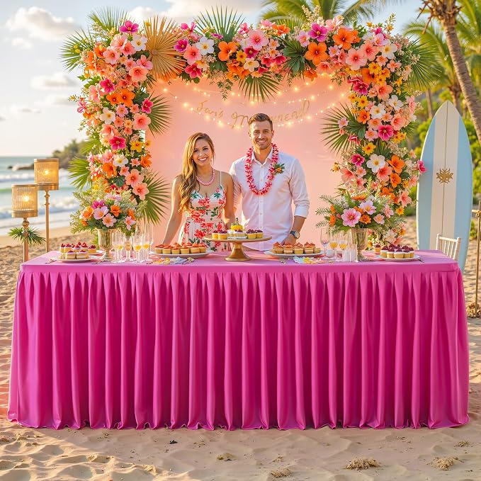 2 Packs Hot Pink Tableclothes for 8 Foot Rectangle Tables, Wrinkle Free Fitted Table Cloth 8ft Stretch Table Cover with Skirt for Parties Weddings Birthday Banquet Baby Shower