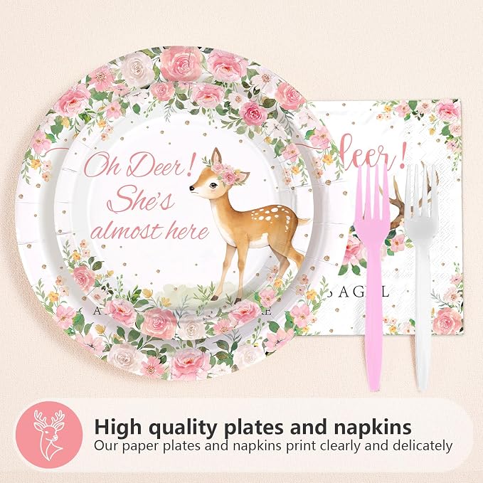 96Pcs Oh Deer She's Almost Here Baby Shower Party Pink Deer Tableware Set | Disposable Pink Deer Themed Woodland Animal Tableware for Girls Animal Baby Shower Gender Reveal Party Supplies Serves 24