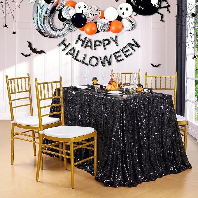 MoKoHouse Sequin Tablecloth Rectangular 90x132 Inch Black Table Cloth Seamless Glitter Fabric for Home Party Wedding Decor Halloween Decorations