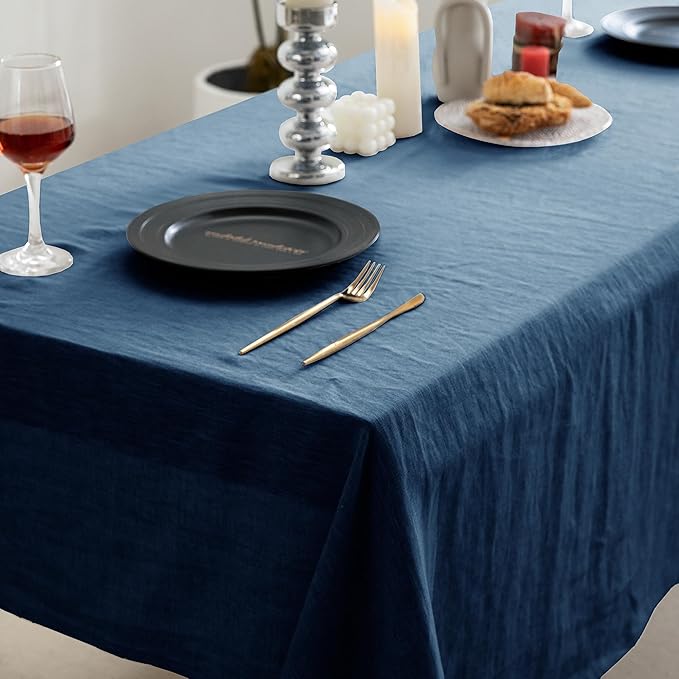 EVERLY 100% Pure Linen Rectangle Tablecloths 60x108Inches for Dining,Buffet Parties,Picnic,Events,Weddings and Restaurants,Decorative Halloween,Thanksgiving Machine Washable Tablecloths-Navy Blue