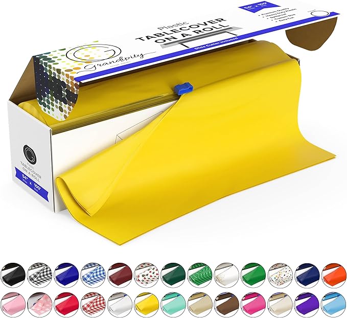 Grandipity Plastic Tablecloth Roll - 54in x 100 Ft. Yellow Plastic Table Cloths for Parties Disposable with Cutter Box - Cut to Size Disposable Tablecloth Table Cover for Rectangle & Round