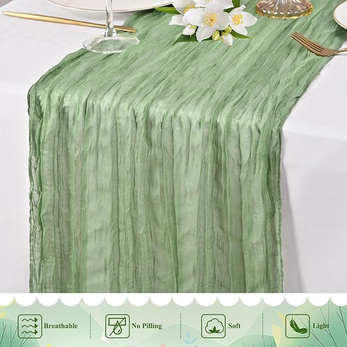 8 Pack Sage Green Cheesecloth Table Runner 10FT Long Boho Gauze Fabric Table Runner Vintage Rustic Sheer Runners for Wedding Party Bridal Baby Shower Table Decorations