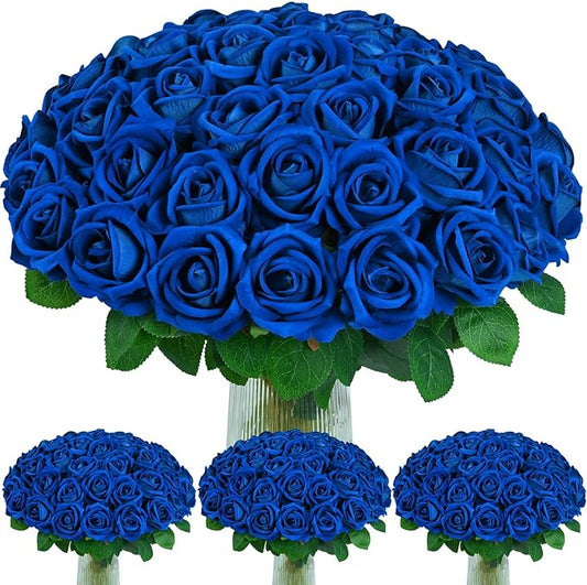 100 Pcs Blue Roses Artificial Flowers, Real Touch Velvet Roses Bouquet Fake Flowers Bulk, Artificial Roses with Long Stems for Birthday Gift Women Mom DIY Bridal Wedding Centerpiece Decorations