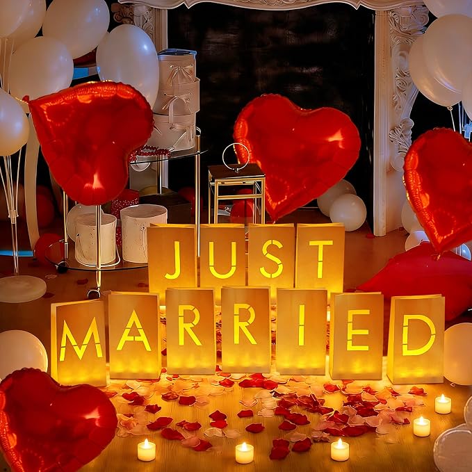 Just Married Luminary Paper Bags with LED Tea Lights Flameless Candles Balloons Rose Petals, Light Up Letters Signs for Valentines' Day Engagement Romantic Decorations