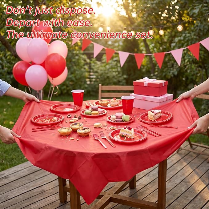 352 Pcs Red Plastic Plates Party Set, 50 Guests Disposable Dinnerware Set with Red Tablecloths, Bold Red Plastic Plates Party Set for Wedding/Valentine's Day/Christmas/Holiday Party