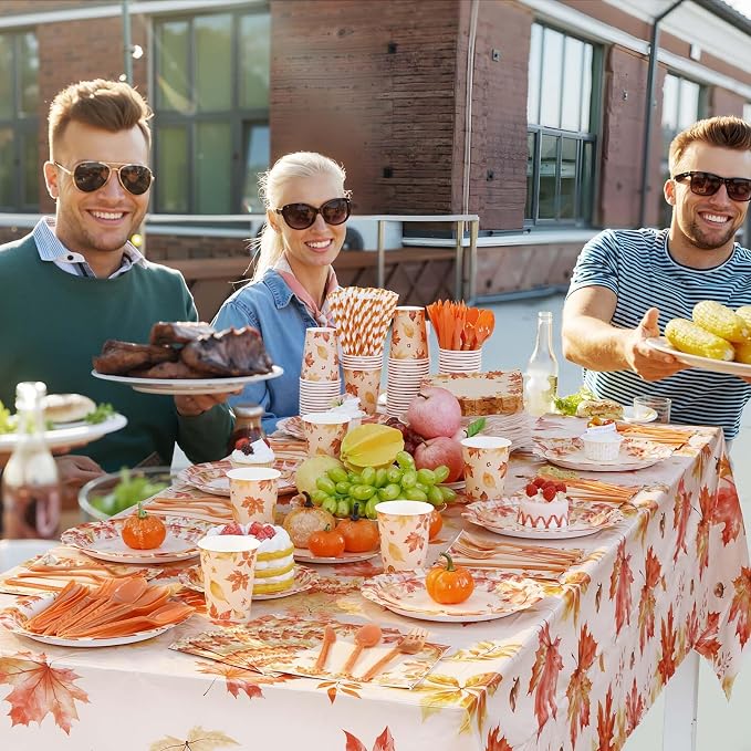 Funnymoom 452 Pcs Thanksgiving Fall Party Decorations, Maple Leaves Thanksgiving Paper Plates Napkins Cups Tablecloth Cutlery Straws for Autumn Fall Theme Birthday Holiday Party Supplies, Serves 50