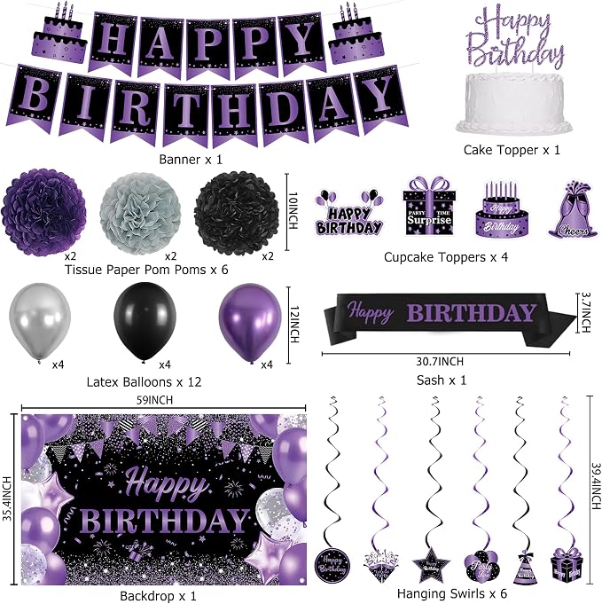 DARUNAXY Purple Birthday Party Decorations Set | Happy Birthday Banner & Sash, Balloons Pom Poms Cake Topper Hanging Swirl Decor, Birthday Gifts Party Supplies for Women Girl