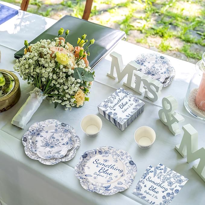 Newtay 250 Pcs Something Blue Bridal Shower Decorations Scalloped Blue and White Floral Plates and Napkins Bridal Shower Disposable Paper Tableware Set for 50 Guests for Wedding Engagement Party