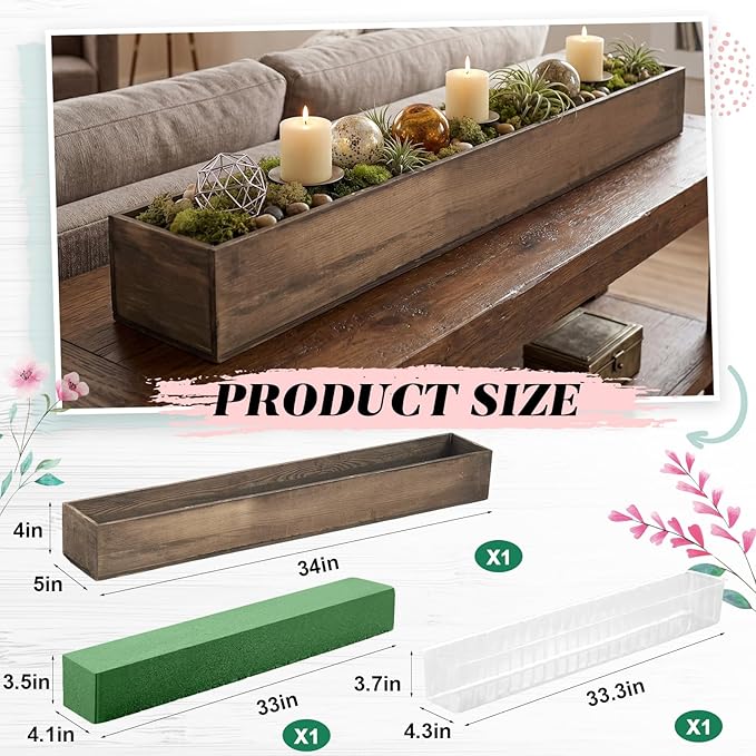 Dandat 1 Set Wood Boxes for Centerpieces 34x5 Inch Rectangle Wooden Planter Box Rustic Wooden Planters with Removable Plastic Liner Floral Foam Blocks for Christmas Wedding Home Garden Decor(Brown)