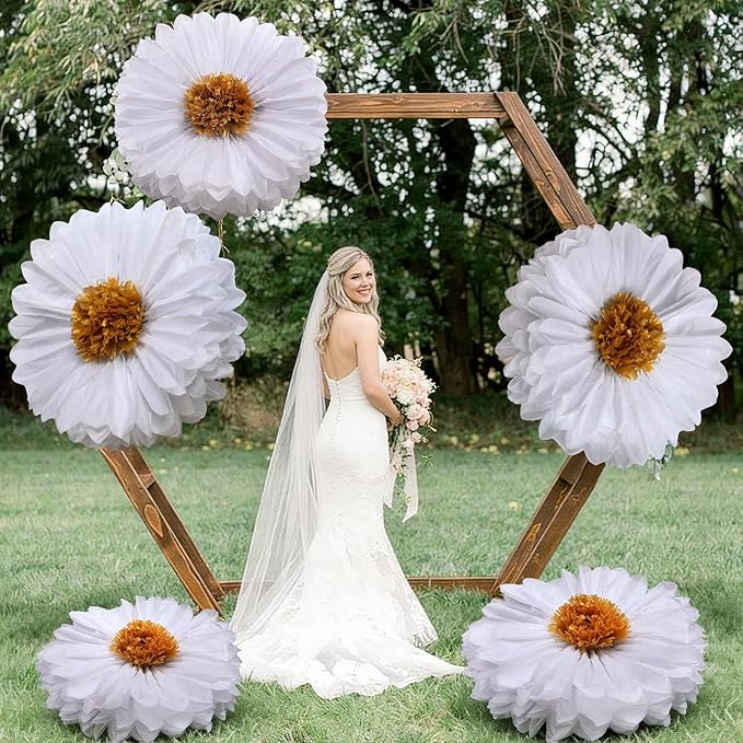 Chunful 5 Pcs 30'' 24'' Gaint White Tissue Paper Flowers Decoration Wonderland Large Hanging White Tissue Paper Pom Poms Decor for Wonderland Birthday Bachelorette Wedding Baby Shower Party Decor