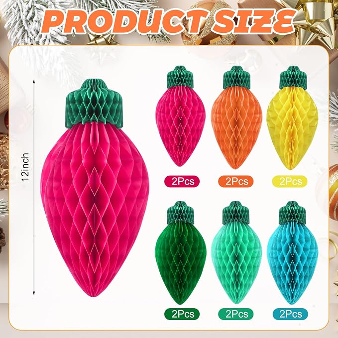12 Pcs 12" Vibrant Jumbo Christmas Lights Honeycomb Hanging Decoration Large 3D Light Bulb Land Xmas Assorted Colors Light for Christmas Tree Mantal Ceiling Classroom Ornament