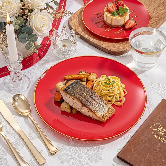 WDF 300Pcs Red Disposable Plates - Red Plastic Plates - 50guest Disposable Dinnerware Include 50 Dinner Plate, 50 Dessert Plate, 150 Cutlery & 50 9oz Cups for Wedding Baby Shower Spring Mother's Day