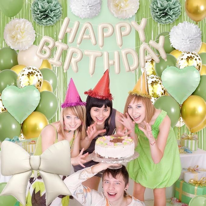 Sage Green Bow Birthday Decorations, Happy Birthday Balloon Banner with Bow and Heart Foil Balloons Fringe Curtain Tissue Paper Pompoms Garland Party Supplies for Women Girls Boys