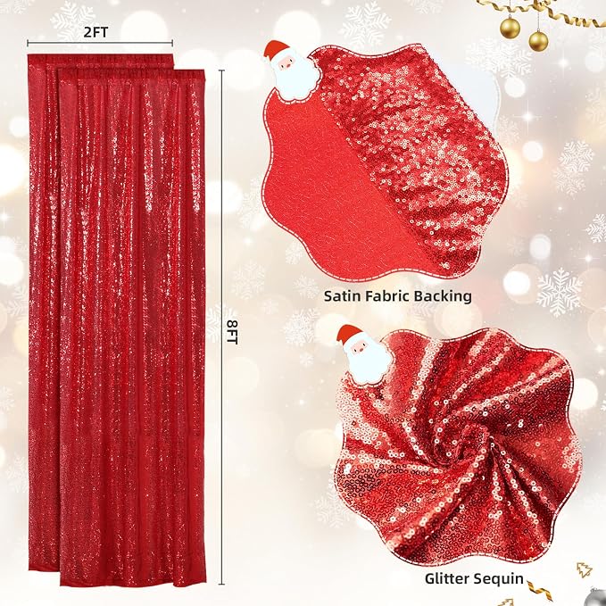 SquarePie 2 PCS 2x8ft Red Sequin Backdrop Curtains, Satin-Backed Shimmering Photo Booth Background, 2 Panels Narrow Real Sequin Drapes with 4" Rod Pocket for Party, Baby Shower, Doorway Decor