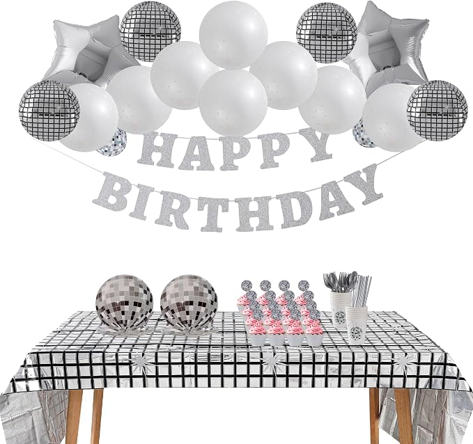 ecoZen Disco Birthday Decorations Set - Sparkly Themed Supplies with Disco Ball Decor, Iridescent Balloons, Tableware, Flatware, Cupcake Liners, Table Cover, Happy Birthday Banner, Party Favor Bags