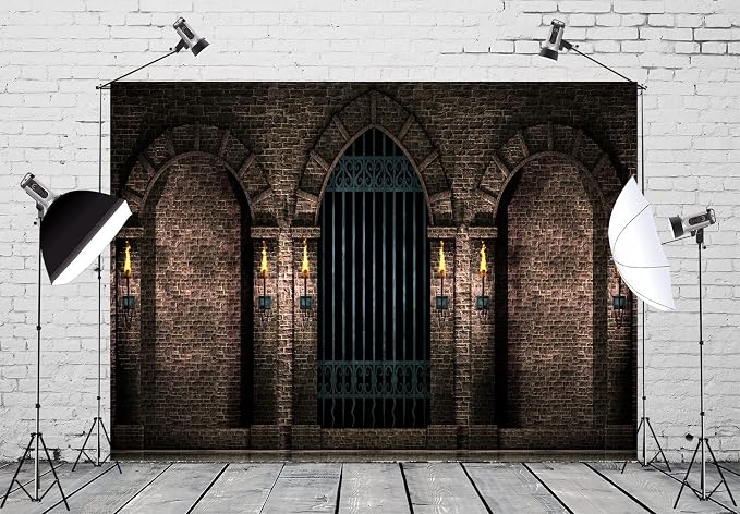 BELECO 15x8ft Fabric Gothic Castle Photography Backdrop Ancient Stone Wall Arches Iron Gates Torches Prison Corridor Halloween Night Background Medieval Castle Birthday Party Decorations Photo Props