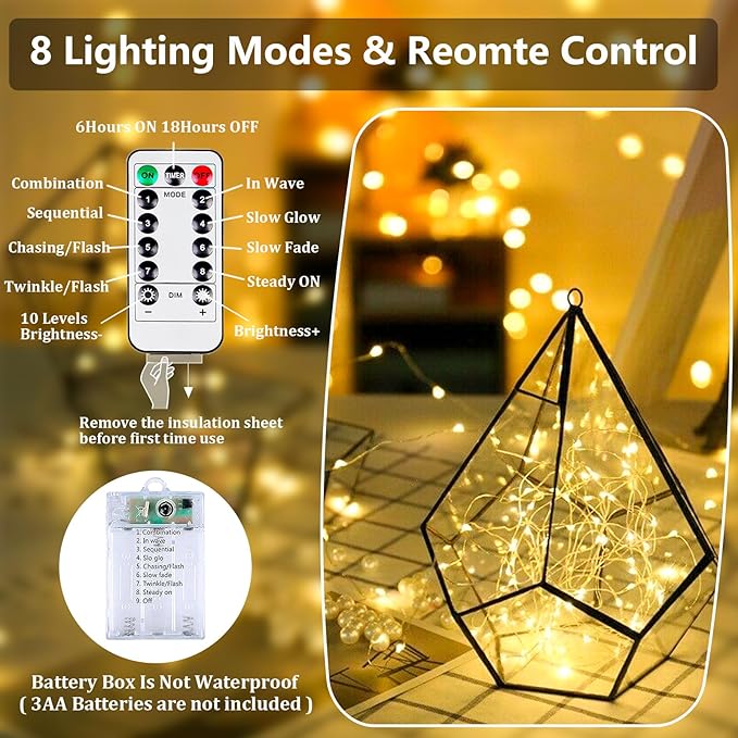 4-Pack Fairy Lights Battery Operated with Remote & Timer & 8 Modes, 16 FT 50 LED String Lights Outdoor Indoor, Battery Twinkle Lights Waterproof for Christmas Bedroom Centerpiece Décor (Warm White)