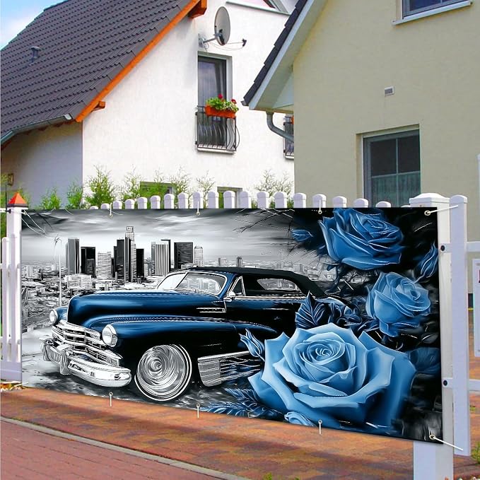 Lowrider Car Garage Door Banner Cover 7x16FT Waterproof – Vintage Blue Convertible & Blue Roses Backdrop with City Skyline,Outdoor Decor for Chicano Party,Car Show,Lowrider Birthday,Photo Booth