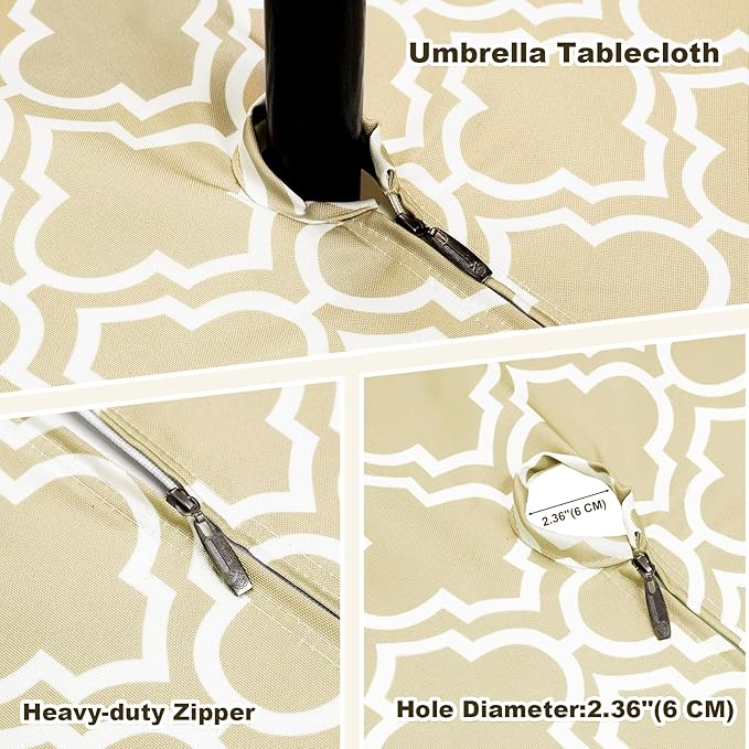 Poise3EHome Outdoor Tablecloth Rectangle with Umbrella Hole Waterproof Spillproof for Patio Table Picnic Camping Spring Summer, Khaki (60X104 Zipper)