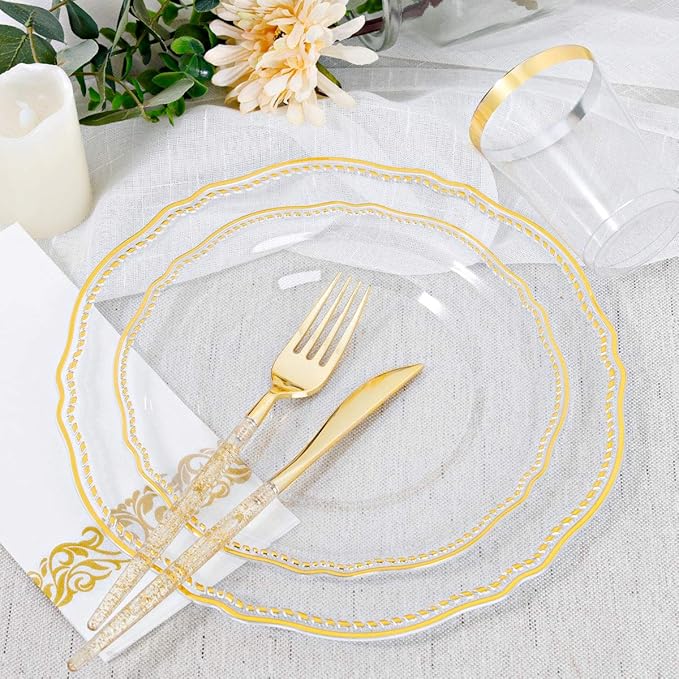 Hioasis 175pcs Clear Gold Plastic Plates&Gold Plastic Silverware with Gold Glitter Handle&Clear Cups&Napkins Served for 25 Guests-Clear and Gold Dinnerware for Weddings&Thanksgiving,Holiday Events