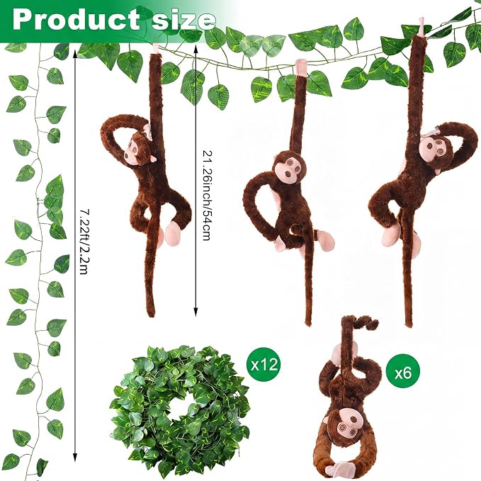 6 Pcs Hanging Monkey Stuffed Animal Jungle Classroom Party Decoration with 12 Pcs 7.22ft Artificial Vine Plush Hook and Loop Fastener for Kids Rainforest Safari Birthday VBS(Dark Brown,21 Inch)