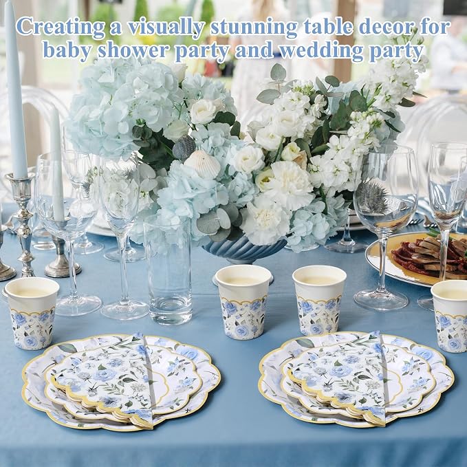Funnymoom 250 Pcs Floral Party Decorations Flower Paper Plates Napkins and Cups Blue and Gold Floral Disposable Tableware Set for Bridal Shower Baby Shower Wedding Spring Tea Party Supplies, Serves 50