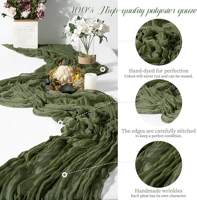 24 Packs Olive Green Table Runner, Charming Cheesecloth Table Runner 17 x 108inch, Gauze Boho Wedding Decoration Rustic Sheer Fabric Cheese Cloth Table Runners for Wedding Party Bridal Shower