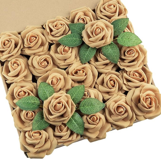 DuHouse 25Pcs Artificial Roses Flowers Fake Roses with Stems Real Touch Foam Flowers for DIY Wedding Bouquet Centerpiece Floral Arrangement Party Home Decor (Light Gold)