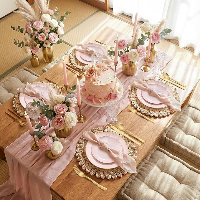 WDF 150Pcs Pink Plates Disposable - Pink and Gold Plastic Plates 25guest Disposable Dinnerware Include 25 Dinner Plate, 25 Dessert Plate, 25 Cutlery & 25 9oz Cups for Baby Shower/Spring/Mother's Day