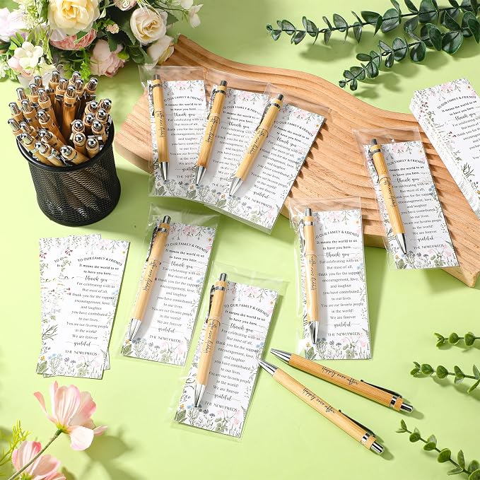 Spakon 72 Sets Wildflower Wedding Favors for Guests Bamboo Pens with Thank You Cards Clear Gift Bags Bridal Shower Gifts for Guest Souvenirs