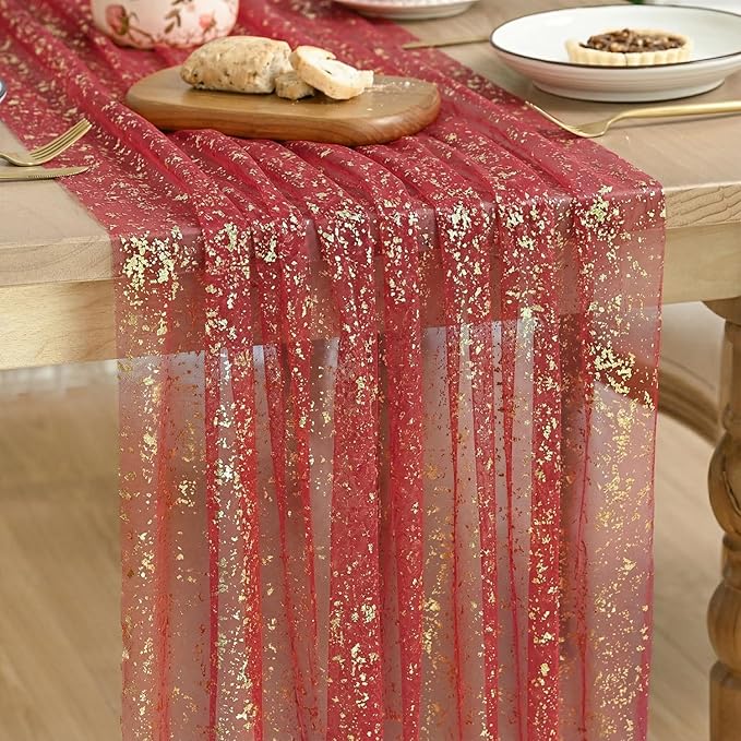 Artoid Mode Red Gold Gauze Table Runner 59x120 Inch 10FT, Glitter Metallic Foil Sheer Dining Wedding Anniversary Holiday Table Decor for Home Party