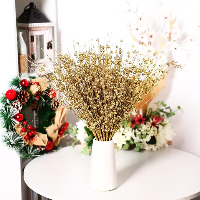 Geosar 30 Pcs Artificial Glitter Berry Stem Decorations 17 Inch Faux Stick Floral Pick Centerpiece Bouquet Flower Bead Twigs for Centerpiece Tree Wreath Ornaments Home(Gold)