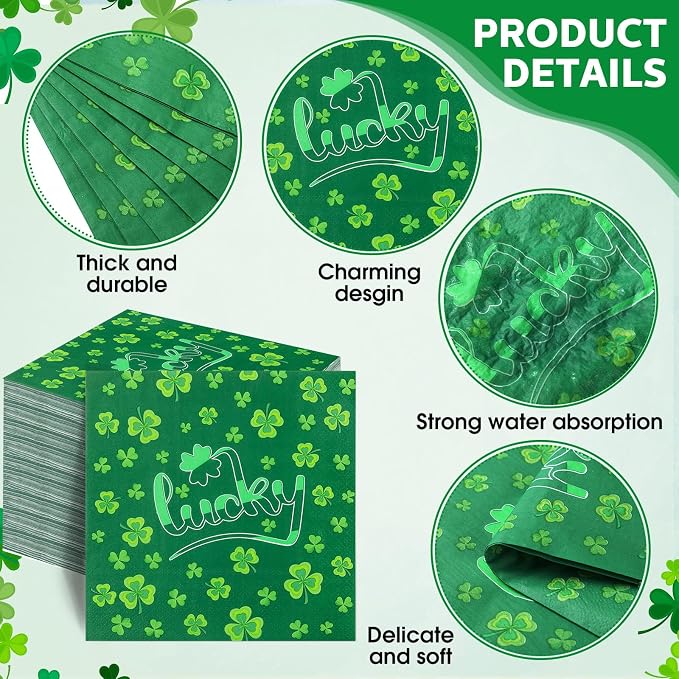 Funnymoom 200Pcs St Patrick's Day Party Supplies Kit Lucky Clover Disposable Paper Dinner Plates Dessert Plates Shamrock Luncheon Napkins and Beverage Napkins for Irish Decorations Supplies 50 Guests