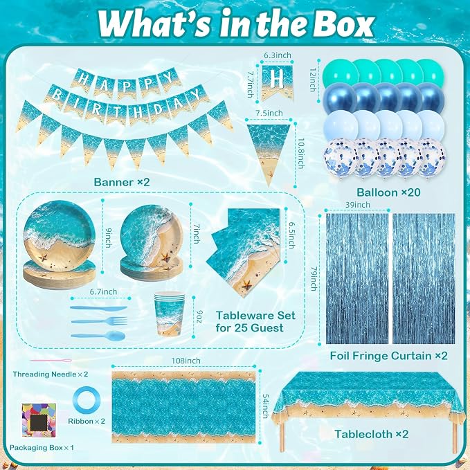 Beach Birthday Party Decorations, Beach Party Supplies, Plates and Napkins Sets [300 GSM], Tablecloths, Fringe Curtains, Banner, Ocean Themed Party Decorations, Under The Sea Beach Party Decorations