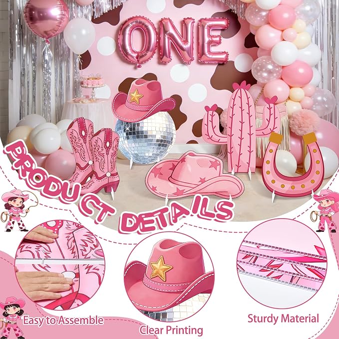 5 Pcs Large Disco Cowgirl Cardboard Cutouts, Pink Western Cowgirl Stand up Party Yard Signs Decoration for Last Disco Coquette Bachelorette Rodeo Birthday Party Supplies Photo Booth Props