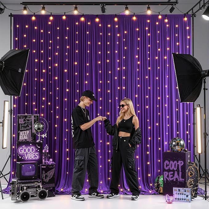 Purple Backdrop Curtains with Lights for Parties,10x10FT Wrinkle Free Wedding Photo Backdrop Curatin Drapes Fabric for Baby Shower Birthday Ceremony Reception Home Party Decorations