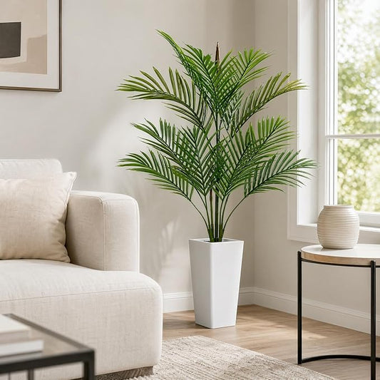 Garvee 4.5FT Artificial Palm Tree, Tall Faux Tropical Areca Plants with White Tall Planter, Fake Potted Tree with Lifelike Leaves for Indoor Living Room Bedroom Home Office Decor