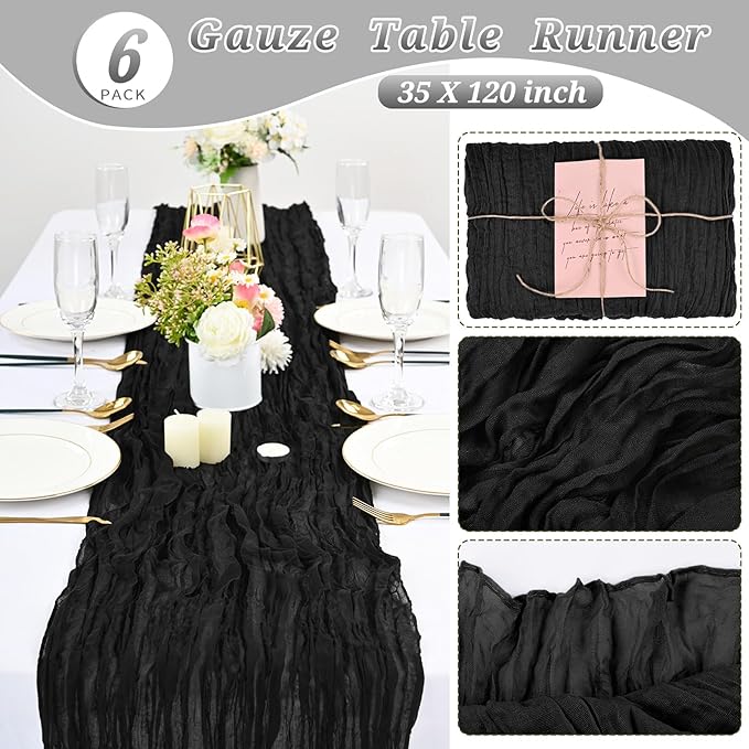 6 Pcs Black Cheesecloth Table Runner 10FT, Gauze Table Runner for Wedding Reception Sheer Bridal Shower Birthday Party Boho Table Decoration, Rustic Romantic Wedding Runner