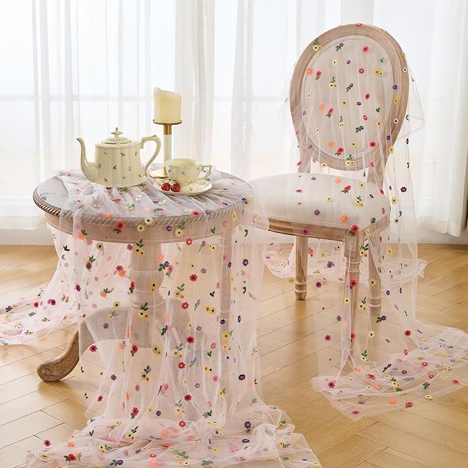 BINBE 3pcs Pink Daisy Spring Table Runner Embroidery Gauze 10FT Florals Seasonal Tulle Holiday Birthday Kitchen Dining Table Decor for Home Party