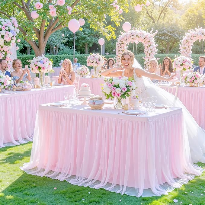 2 Pack Pink Table Cloth for 8 Foot Rectangle Tables, Pink Stretch Fitted Tulle Table Covers Skirt, Rectangular Ruffle Tutu Tablecloth Wedding Banquet Baby Shower Cake Tablecloths Decorations